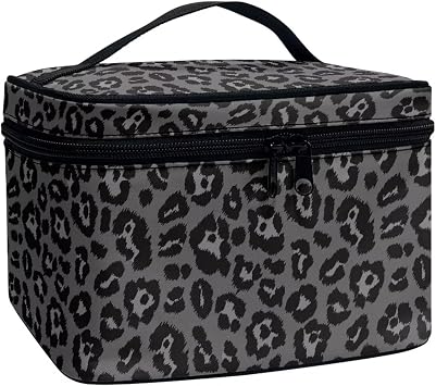 Black Leopard Print Makeup Bag Travel Toiletry Bag with Brush Holder Large Travel Makeup Cosmetics Case Organizer Bag Portable Skincare Organizer Travel Tote Bag with Zipper Gifts for Women