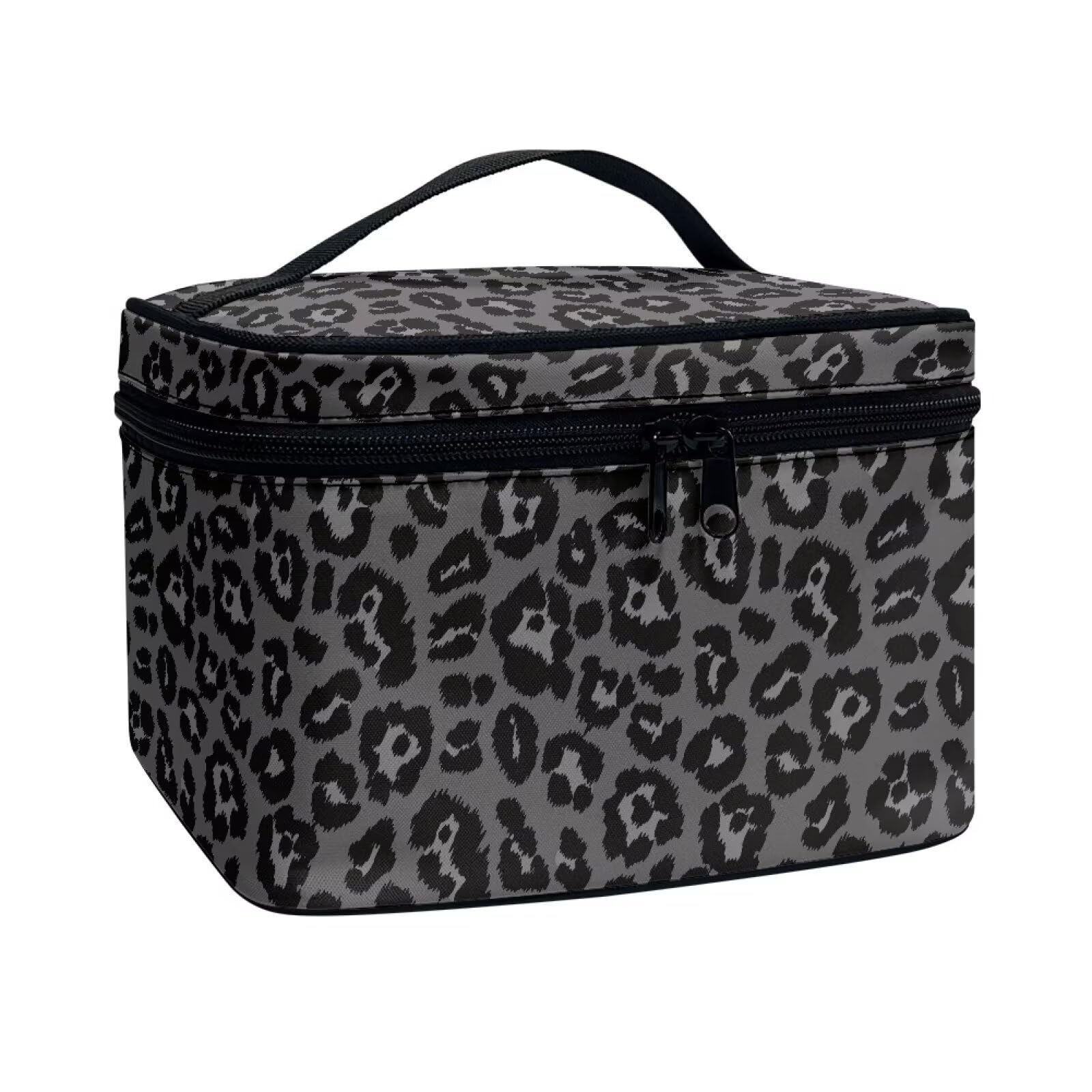 ELEDIZI Black Leopard Print Makeup Bag Travel Toiletry Bag with Brush Holder Large Travel Makeup Cosmetics Case Organizer Bag Portable Skincare