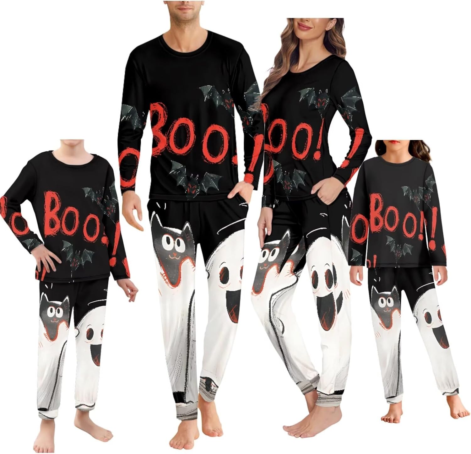 FOR U DESIGNS Plus Size Family Matching Halloween Pajamas Sets Cotton Long Sleeve Round Neck Sleepwear with Pockets