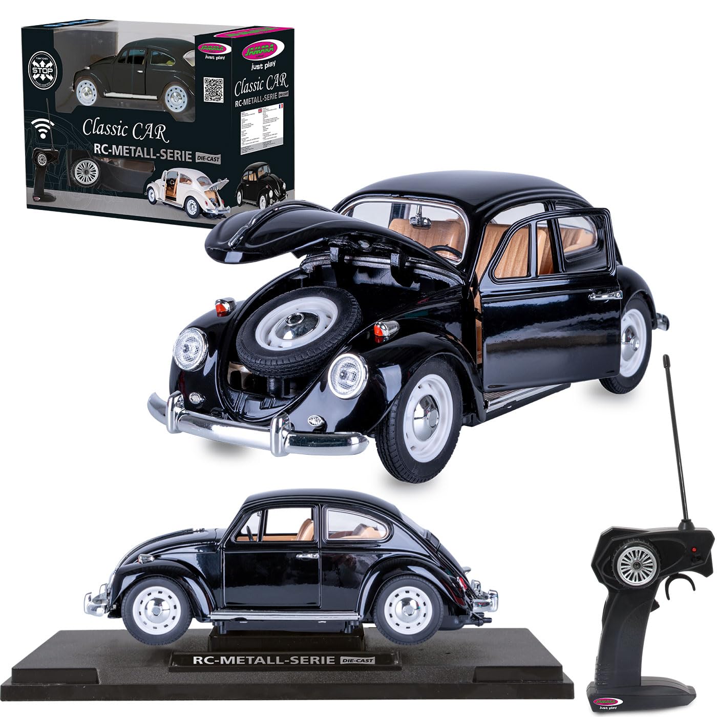 JAMARA 402700 VW Beetle RC Diecast 1:18 czarny model samochodu 27 MHz, zabawka, zdalnie sterowany metalowy model miniaturowy z pilotem zdalnego sterowania, zabawkowy samochód, zabawka, pomysł na