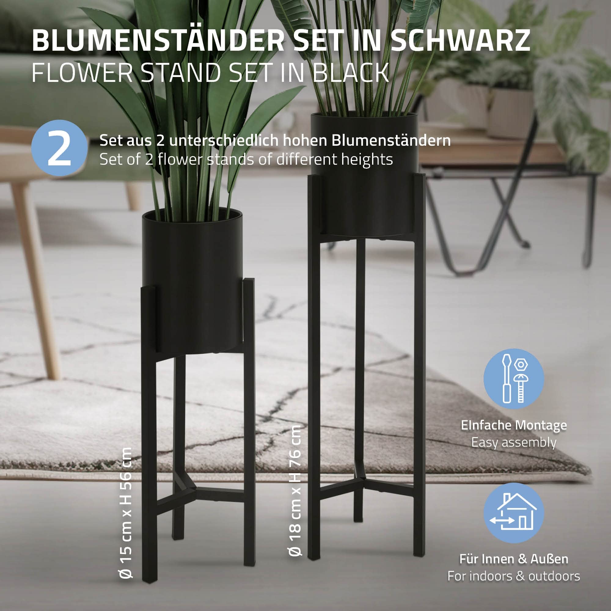 Set De 2 Supports De Fleurs ML-Design Noir - Métal Robuste 20x60x20 & 30x70x30 Cm - Intérieur Extérieur