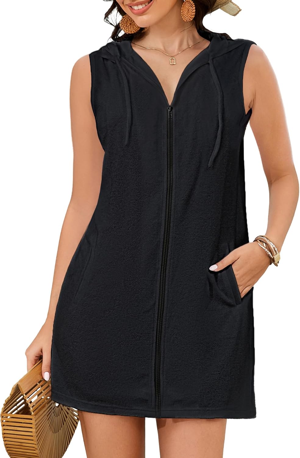 Bsubseach Terry Cloth Cover Up - Women Hooded Swimsuit Coverup Zipper Beach Coverups Sleeveless Swim Robes with Pockets
