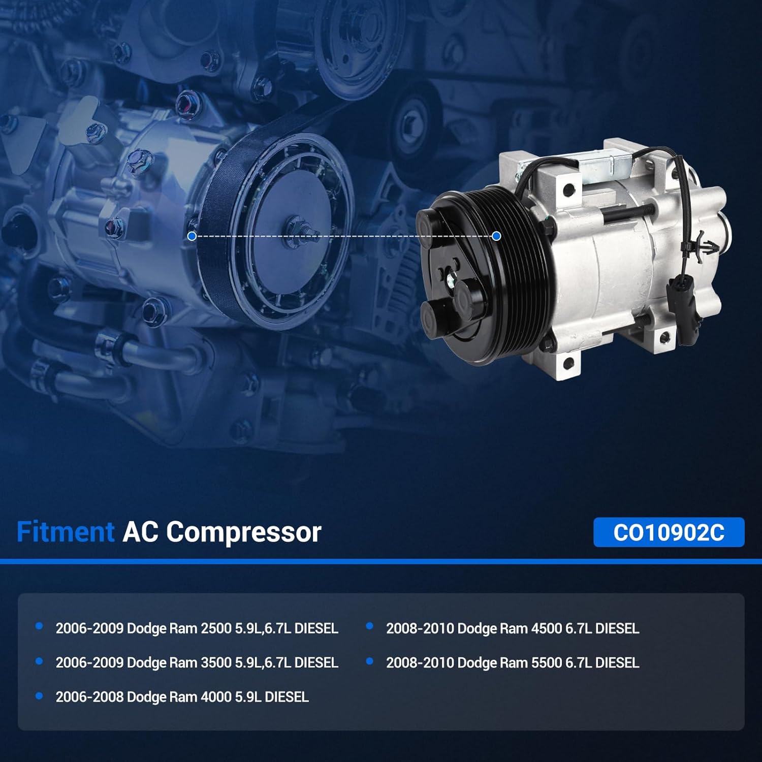Autoround Air Conditioner AC Compressor with Clutch [5.9L 6.7L DIESE] Fit for 06-09 Dodge Ram 2500/3500, 06-08 Ram 4000, 08-10 Ram 4500/5500, Replace CO10902C 55111411AD 638972 68182