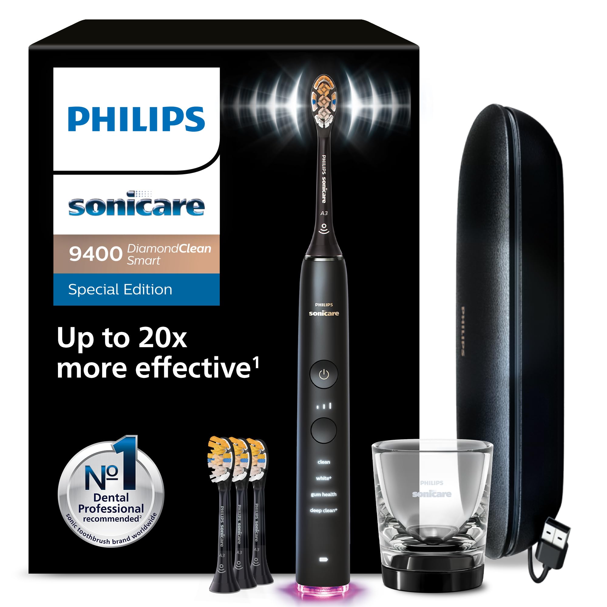 Philips Sonicare DiamondClean Smart 9400 Electric Toothbrush, Sonic Toothbrush with App, Pressure Sensor, Brush Head Detection, 4 Brushing Modes and 3 Intensity Levels, Black, Model HX9918/89