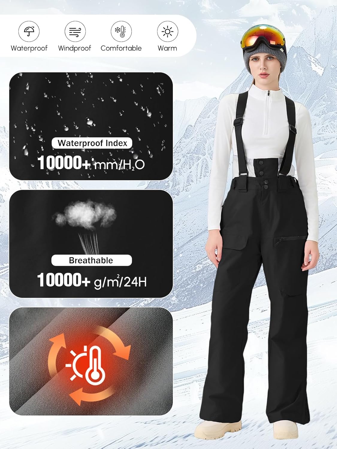 GS SNOWING Women Baggy Ski Pants Men Snow Bibs Snowboard Overall Insulated Windproof Waterproof for Winter Outdoor Sports - Image 3