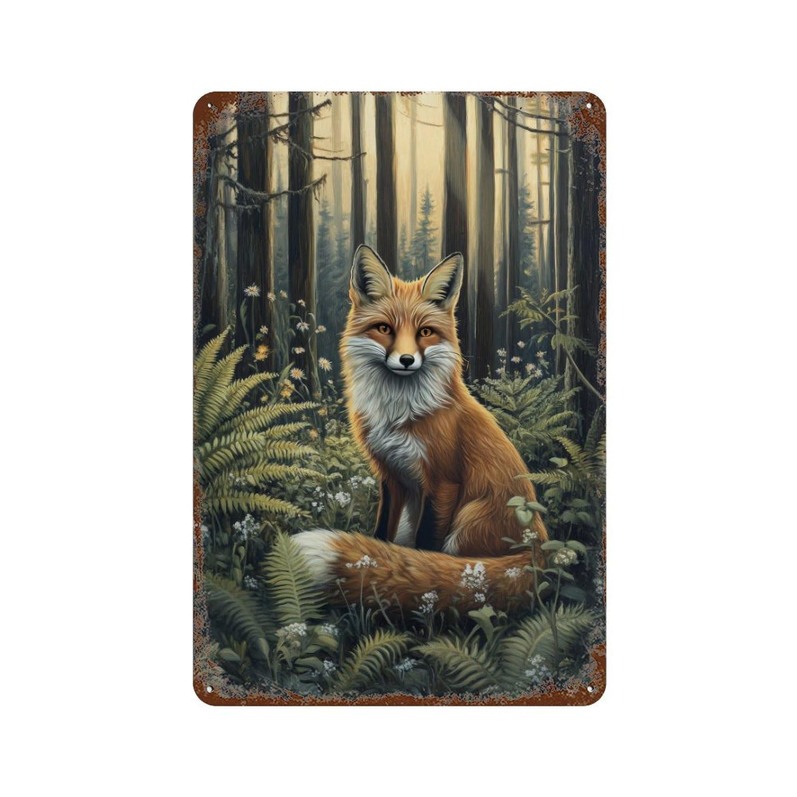 Fox Cottagecore Dark Academia Decor Antique Animal Illustration Woodland Rustic Vintage Wall Decor Art Metal Tin Poster Modern Home Decor Art Home Bar Shop Decorations Vintage Sign 30x20cm