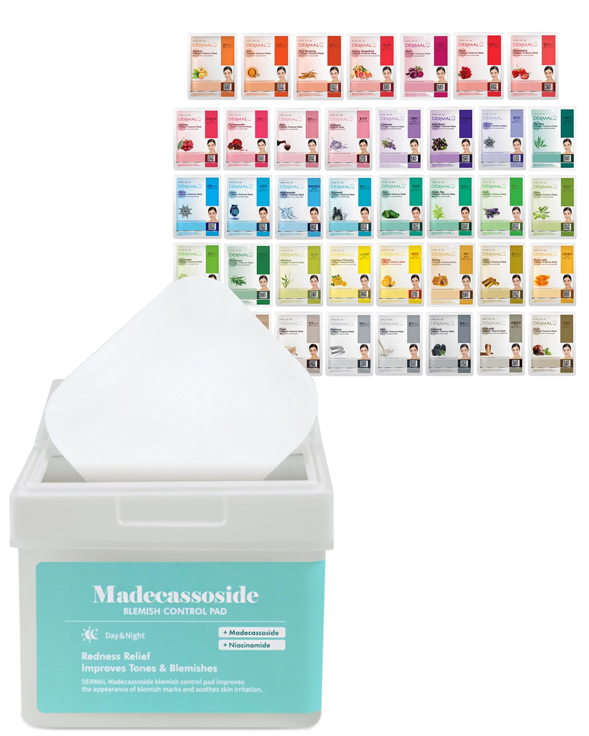 DERMAL39 Combo Pack A Collagen Essence Korean Face Mask & Madecassoside Blemish Control Toner Pads Bundle