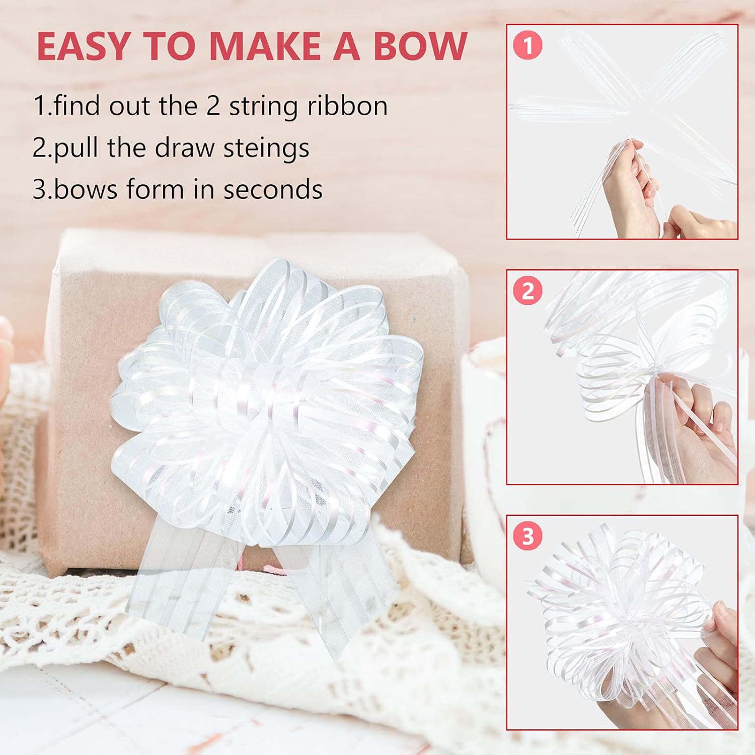 Poen 24 Pcs Organza Pull Bows 6 Inch Large Gift Wrapping Ribbon for Valentine's Day Weddings Party Decor Multicolor Elegant Flower Style - Image 5