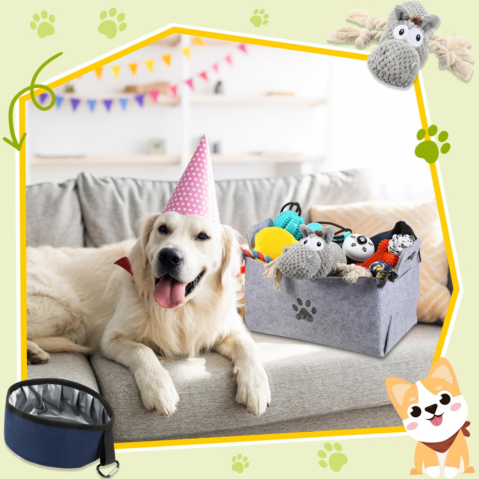 Zopeal New Puppy Gift Basket Dog Toy Pet Accessories Portable Travel Bowl, Grooming Brush, Squeaky Toy, Suction Cup Feeder, Chew Ropes, for Dog Birthday Gifts Puppy Necessities