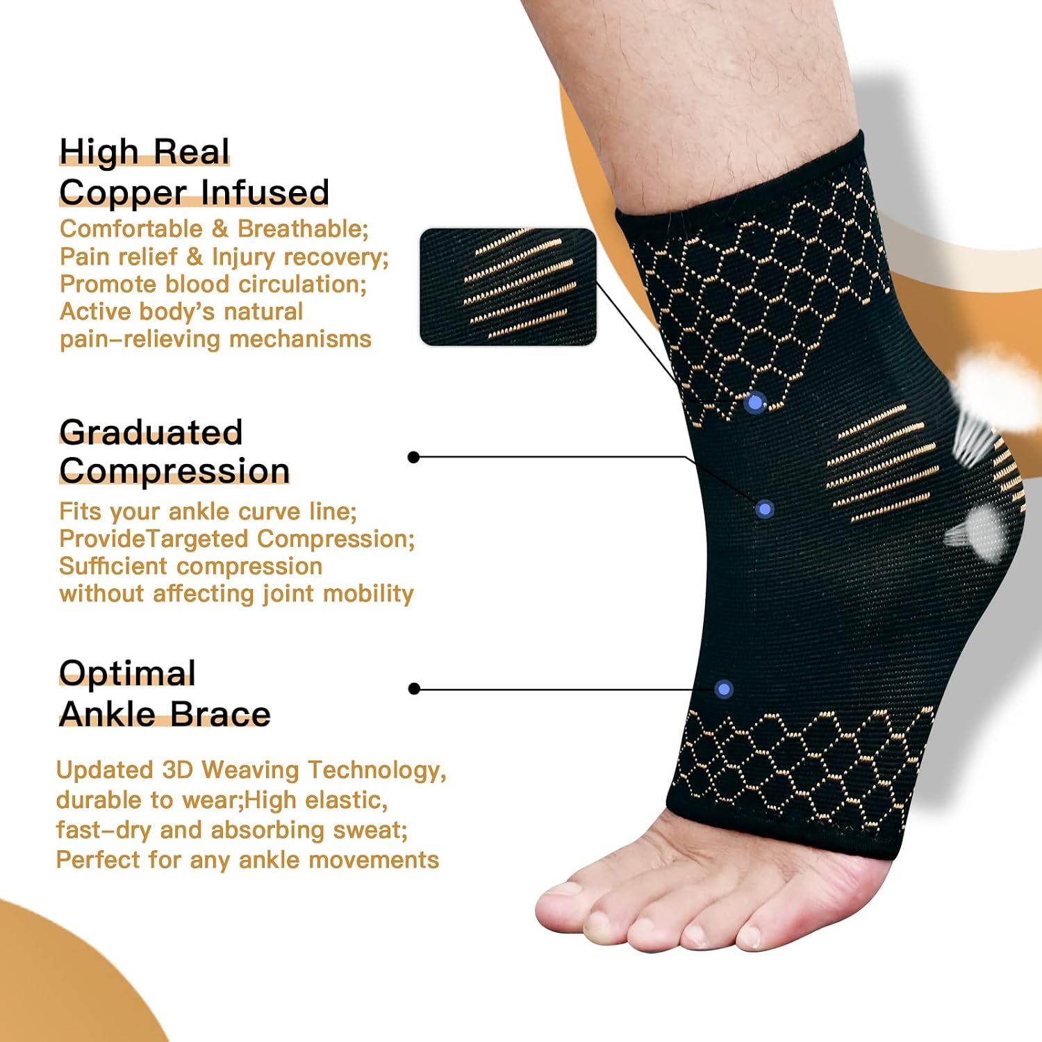 INDEEMAX Copper Ankle Brace for Women Men (Pair), Compression Sleeve Socks Support Braces for Both Ankle Plantar Fasciitis, Sprained, Achilles Tendon, Pain Relief, Recovery, Sports, Running