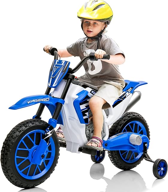 JOYLDIAS Kids Motorcycle, 12V7AH Ride On Motorcycle for Kids w/Training Wheels, Spring Suspension, High/Low Speeds, Blue