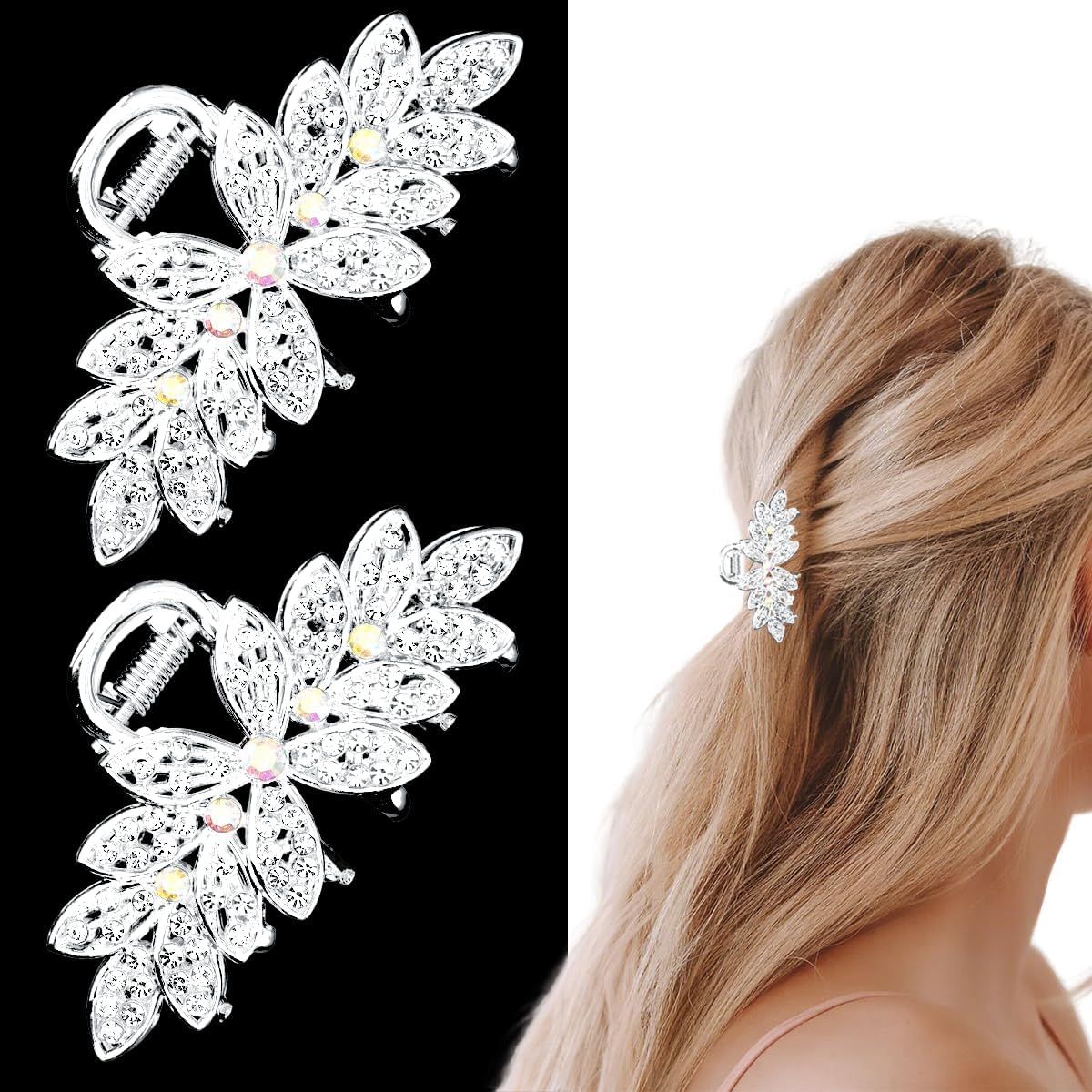 2 PCS Rhinestone Hair Claw Clips for Women, Fancy Sparkly Crystal Bling Silver Hairpin Fashion Glitter Diamond Vintage Bride Hair Accessories for Wedding Party Dance Prom Date(Sliver Flower)