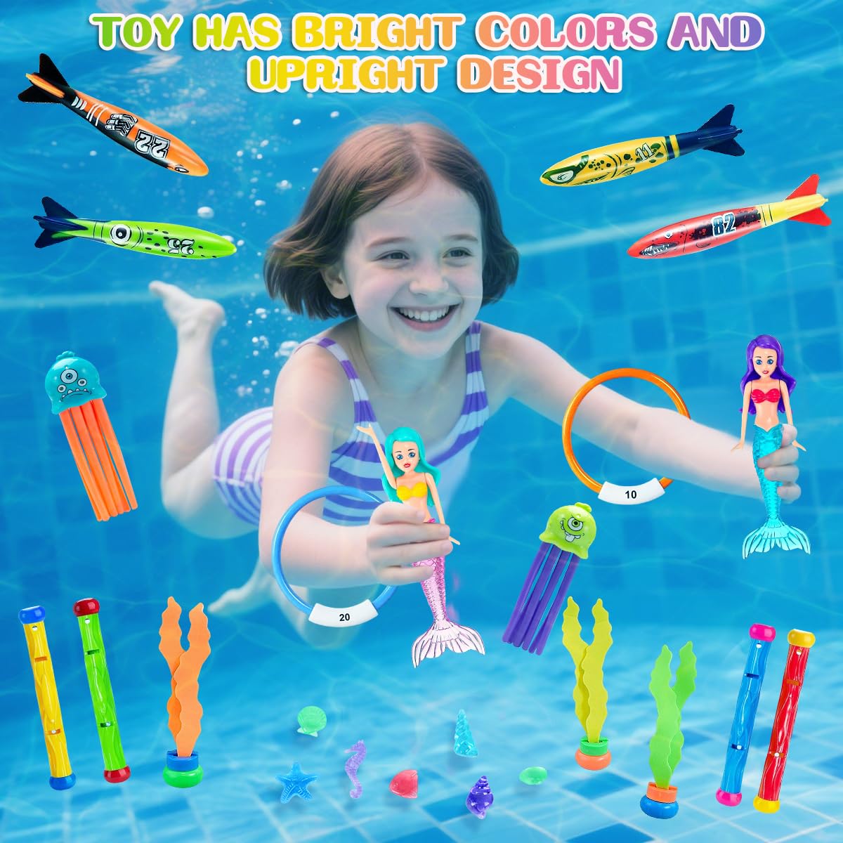 33 Pièces Jouets de Plongée, Jouet de Natation pour Piscine avec Coffret Cadeau, Jeux Piscine Enfant avec Sac de Rangement, Jouet sous Eau été avec Bâtons de Plongée