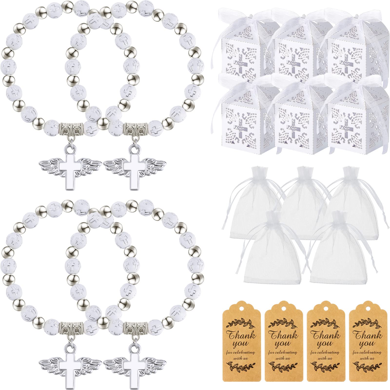 200 Pcs Baptism Favors Set Include 50 Pieces Angel Cross Rosary Bracelet 50 Baptism Favor Boxes with Ribbon 50 Thank You Tags 50 Organza Bags for Baby Shower Baptism Supplies(White, Silver)