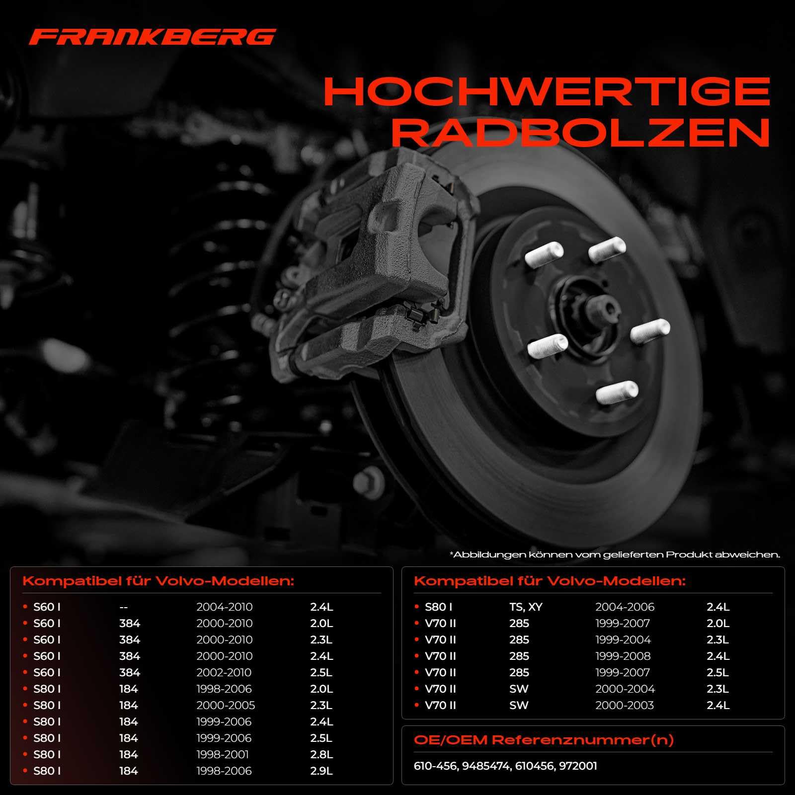 Frankberg 10x Radbolzen Radschraube Vorne Hinten Kompatibel mit S60 I 384 S80 I 184 TS XY V70 II 285 P80 SW XC70 II 136 2.0L-3.2L 1998-2019