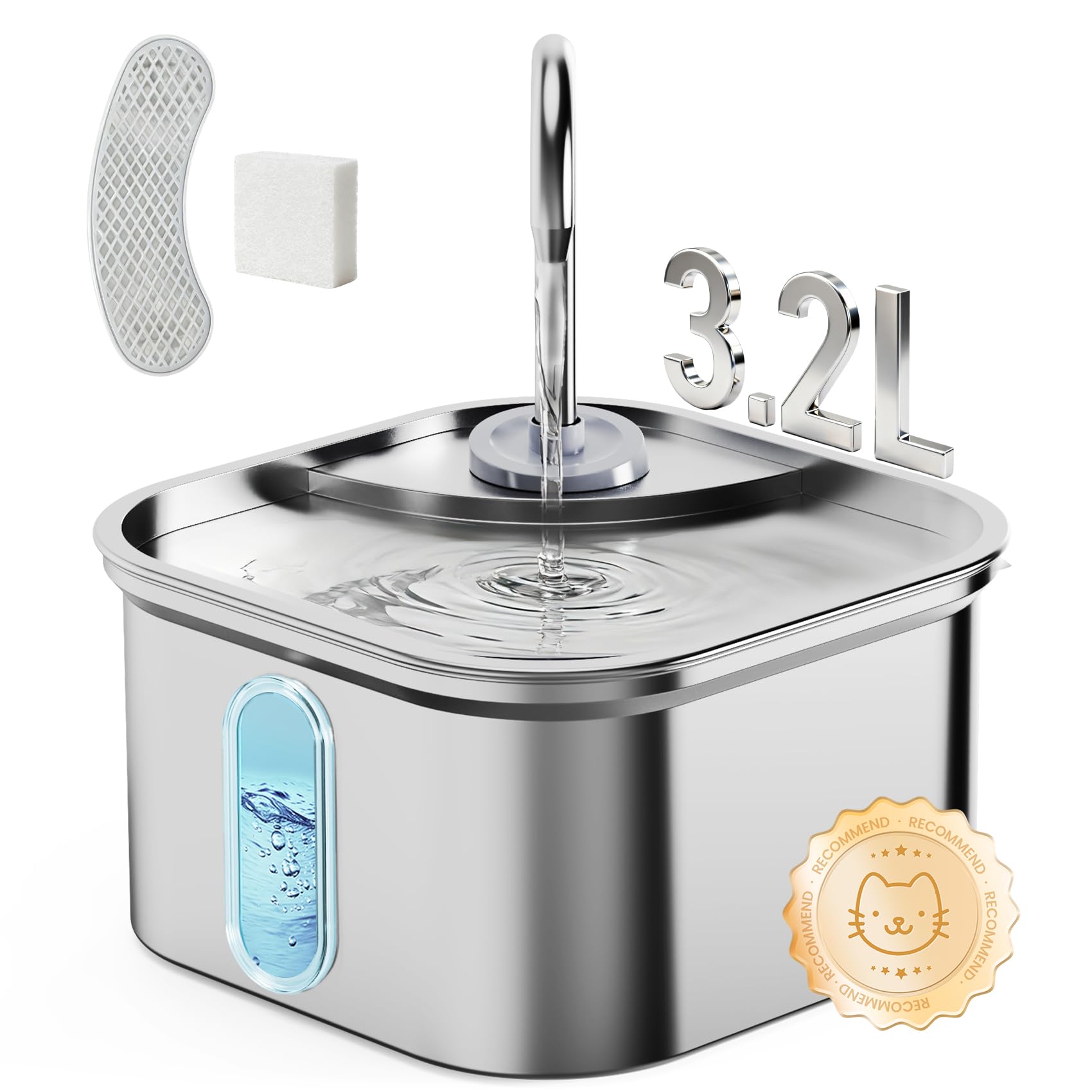 Fuente de Agua para Gatos, Acero Inoxidable, 3,2 L, dispensador de Agua automático silencioso para Perros, Apagado automático Seguro, Fuente de Agua Cuadrada Grande para Gatos de Interior