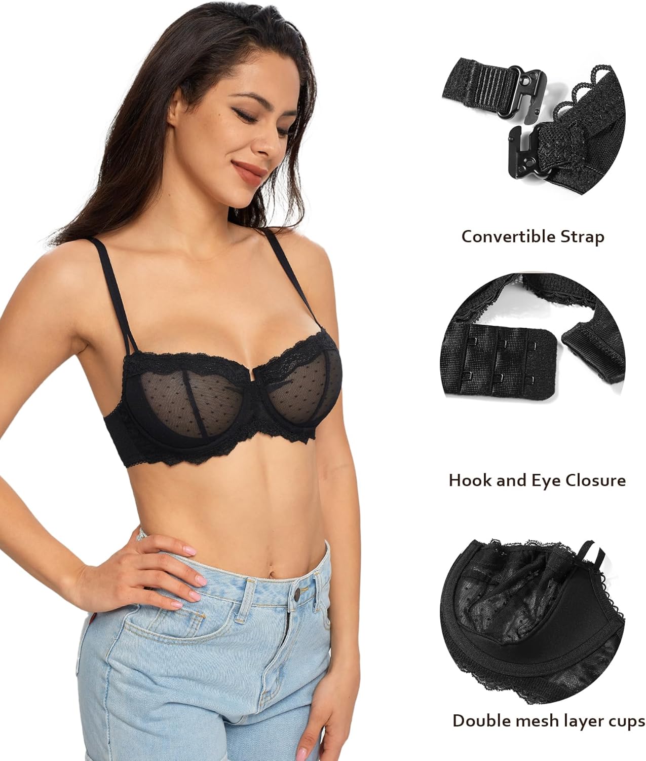 Lemorosy Women's Non-Padded Underwire Lace Balconette Unlined Demi Sheer Bra - Image 2