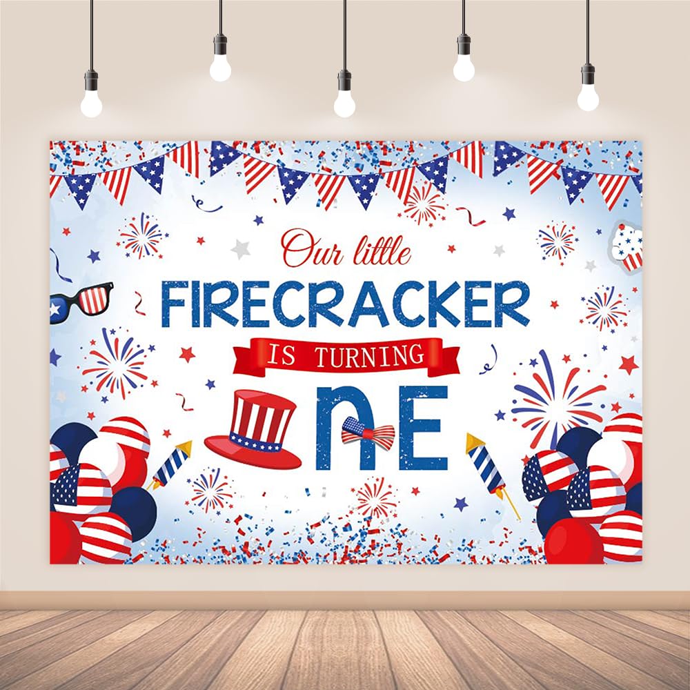 AIBIIN 7x5ft 4th of July Firecracker 1st Birthday Backdrop for Boys, Independence Day Our Little Firecracker is Turning One First Birthday Party