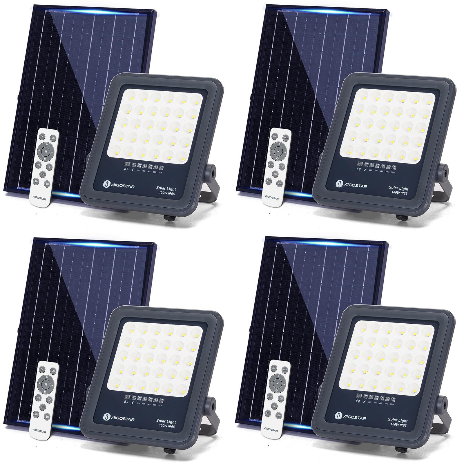 Aigostar Foco proyector LED solar con control remoto,focos solare de 100W, 1000LM,luz blanca fría de 6500K,IP65 impermeable Luz solar exterior,para jardín,terrazas,caminos,garajes,cable de 2M