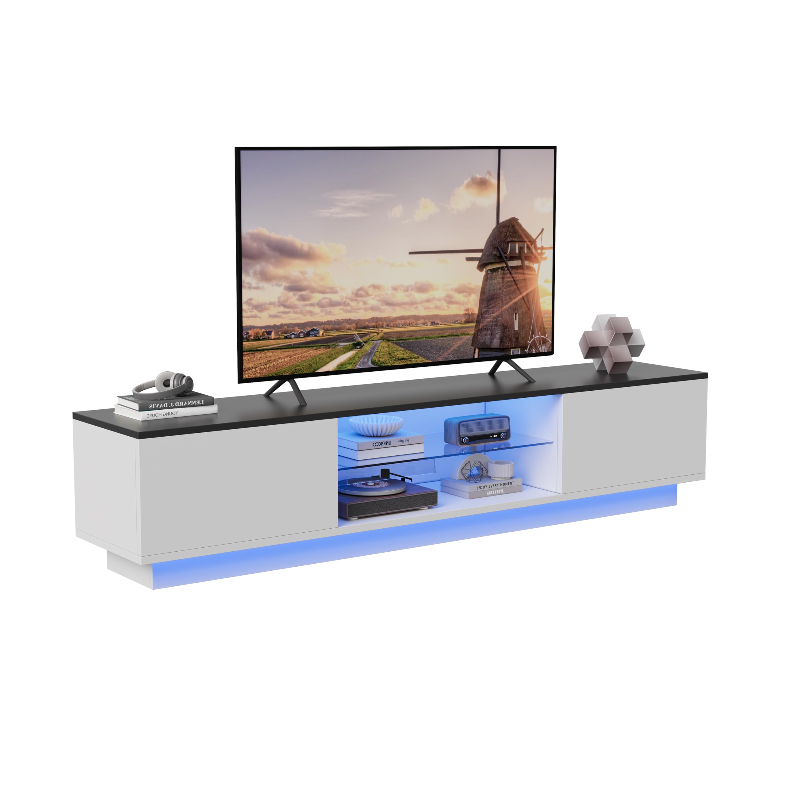 Mobile porta TV LED 160 cm, mobile per TV, mobile per TV, moderna credenza TV in legno con 2 scomparti portaoggetti, basso mobile soggiorno, mobile soggiorno (bianco, 3 (160 cm))