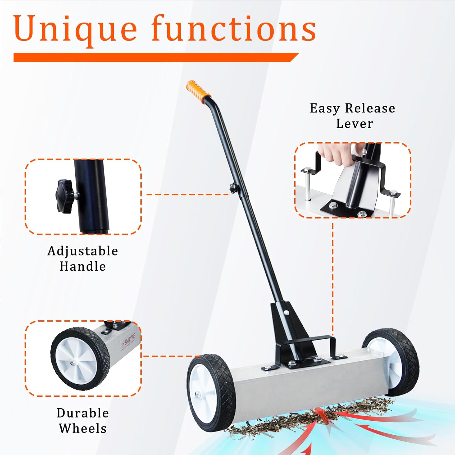 Rolling Magnetic Sweeper, 36 Inches Heavy Duty Magnetic Nail Sweeper with Wheels, Adjustable Handle and Clean Height for Different Scenarios