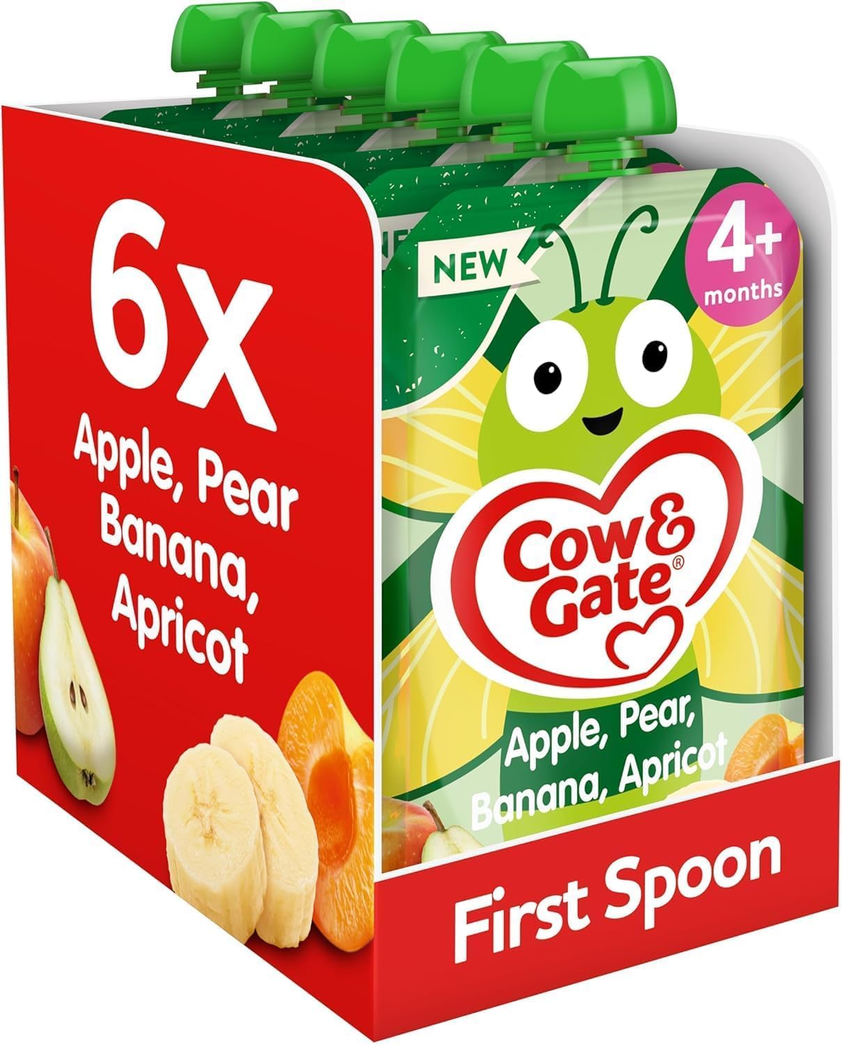 Cow & Gate Fruit Pouch Apple Pear Banana & Apricot Baby Food Snacks, 4+ Months, 100g (Pack of 6)