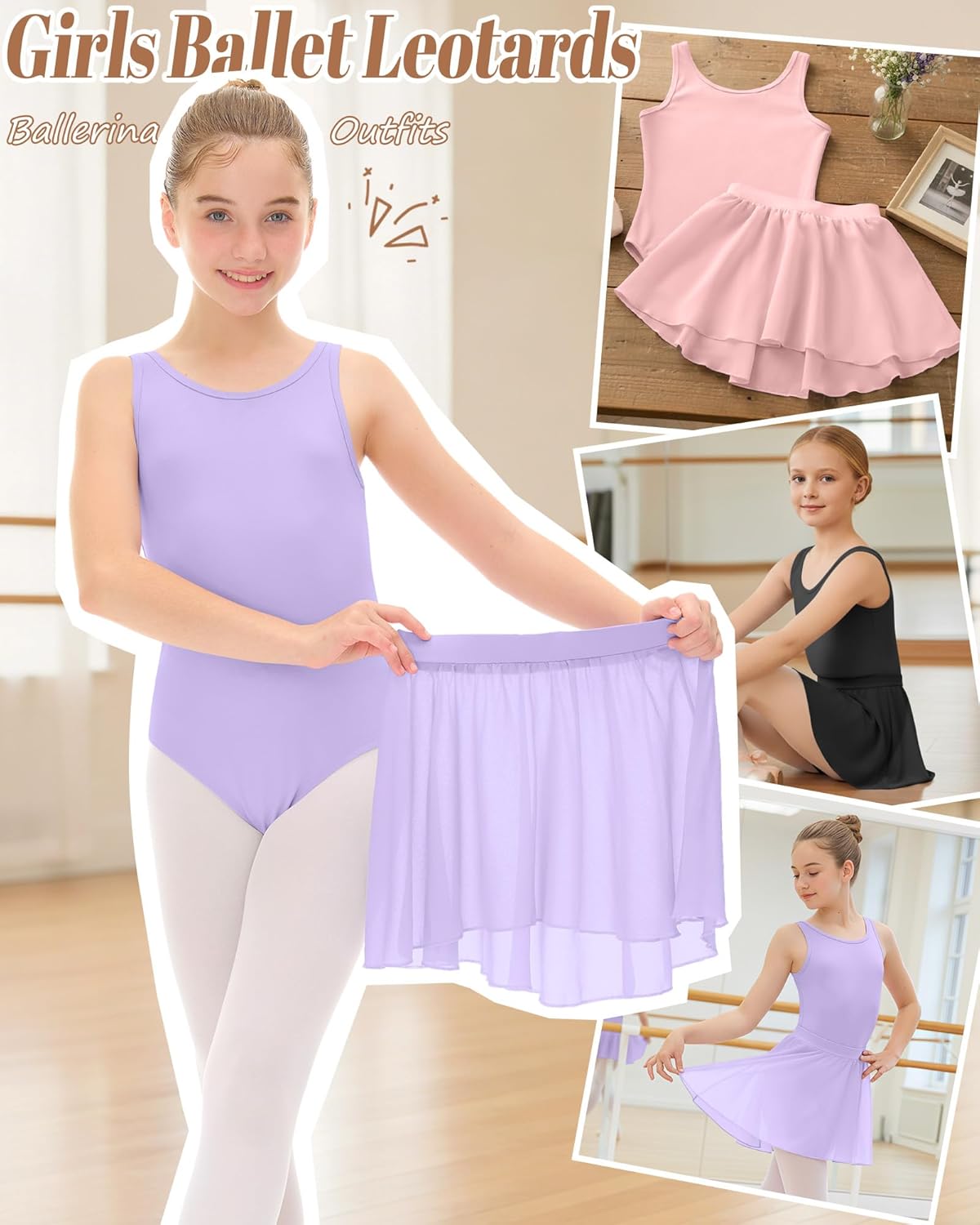 3 Pack Girls Ballet Leotards Dance Dress Tank Bodysuit Removable Tulle Skirt 2-12Y Toddler Classic Gymnastics Tutu