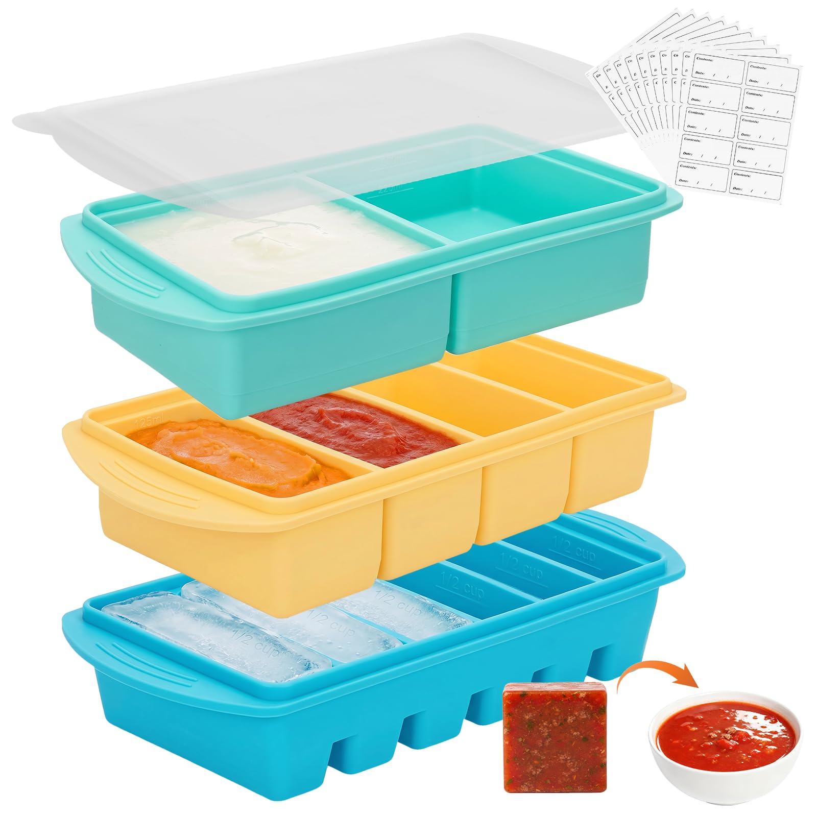 Juego de moldes de silicona con tapa, 3 unidades de 2/4/6 compartimentos con 10 pegatinas de colores, cuchara para sopa, salsas, caldo y preparación de alimentos, molde apilable para cubitos de hielo