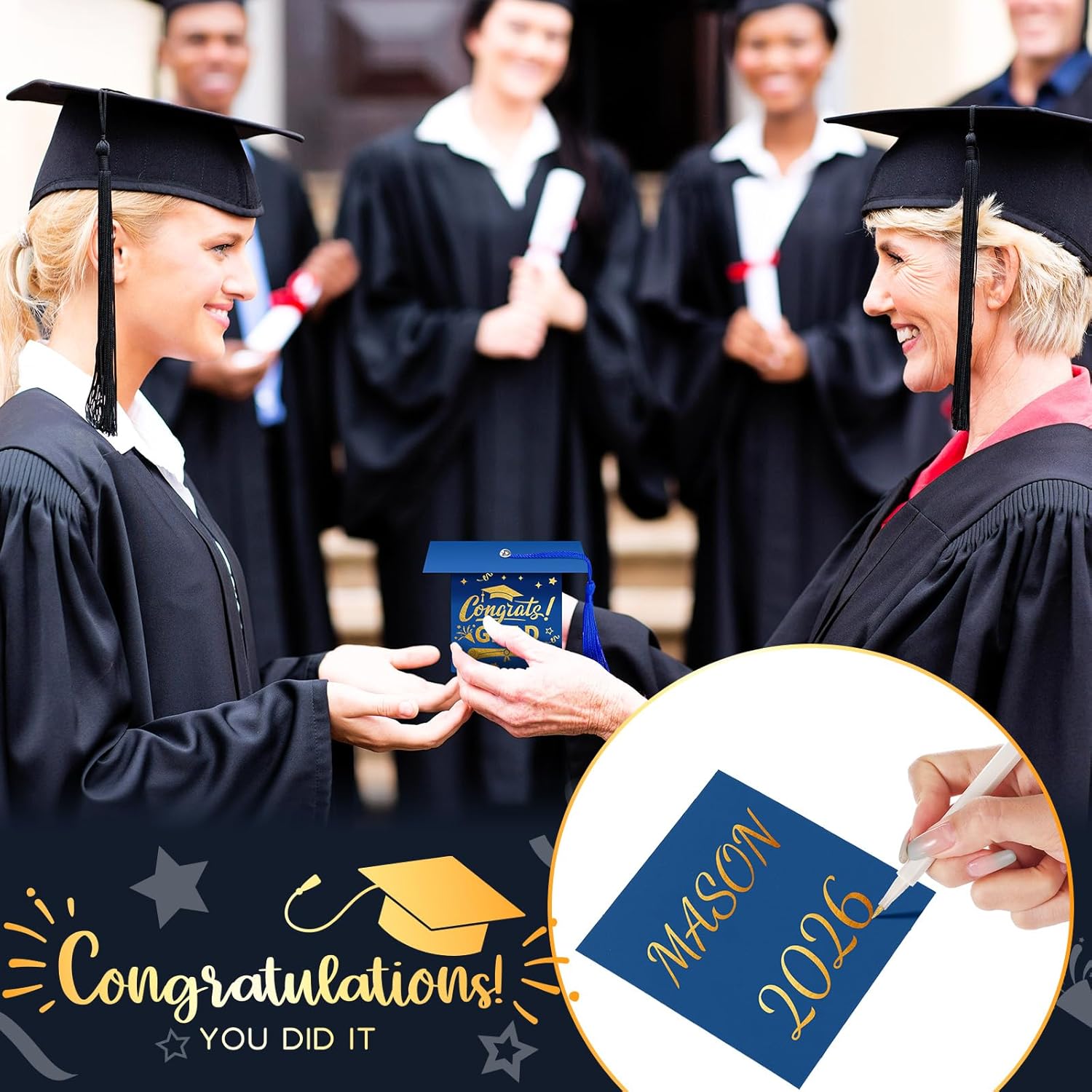 Crtiin 100 Pcs Graduation Candy Boxes with Tassel Graduation Party Favors 2024 Graduation Gifts Graduation Decorations Grad Cap Candy Box for Candy Biscuit Chocolate Supplies (Blue and Gold)