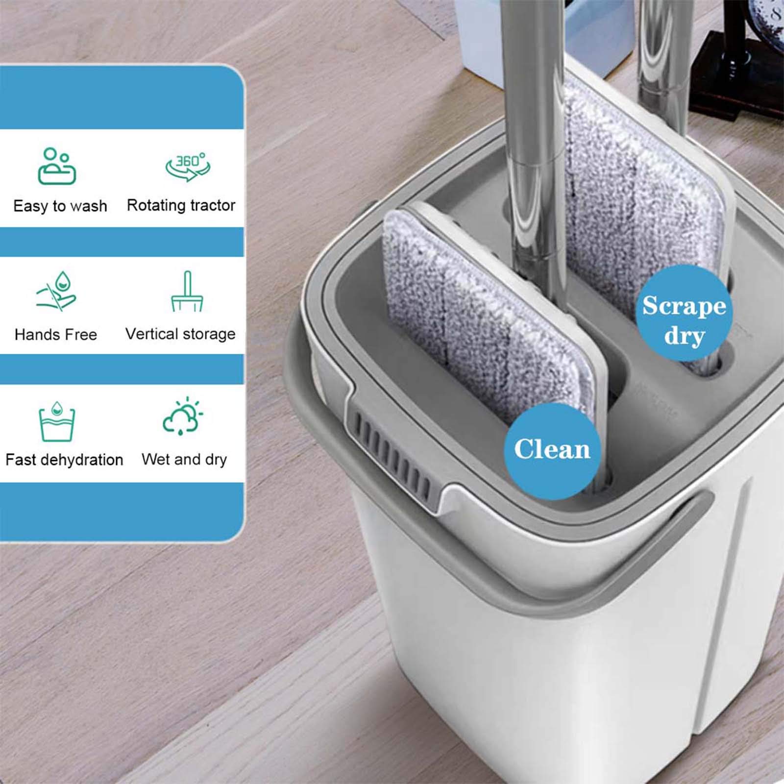 Cubo y Mopa Fregona, Mopa Microfibra Mango de Acero Inoxidable, Innovador Cubo Doble Compartimento Mojado/Seco – Repuestos Mopa Reutilizables Incluidos, para Todo Tipo de Suelos