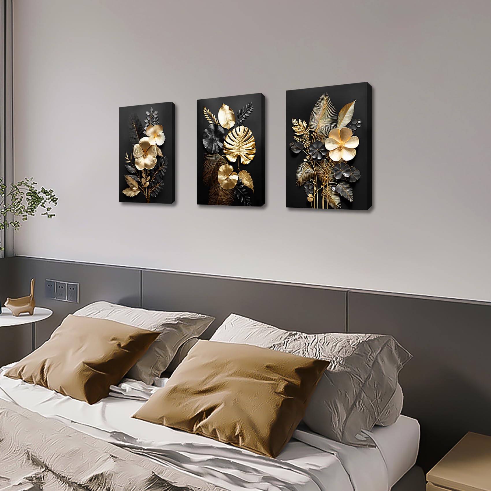 3 Panels Wooden Framed 3D Black Gold Flowers Canvas Wall Art Tropical Monstera Coconut Leaves Painting on Canvas Prints Pictures for Living Room Bedroom Home Wall Decoration 90x40cm(12"x16"x3pcs) — view 4