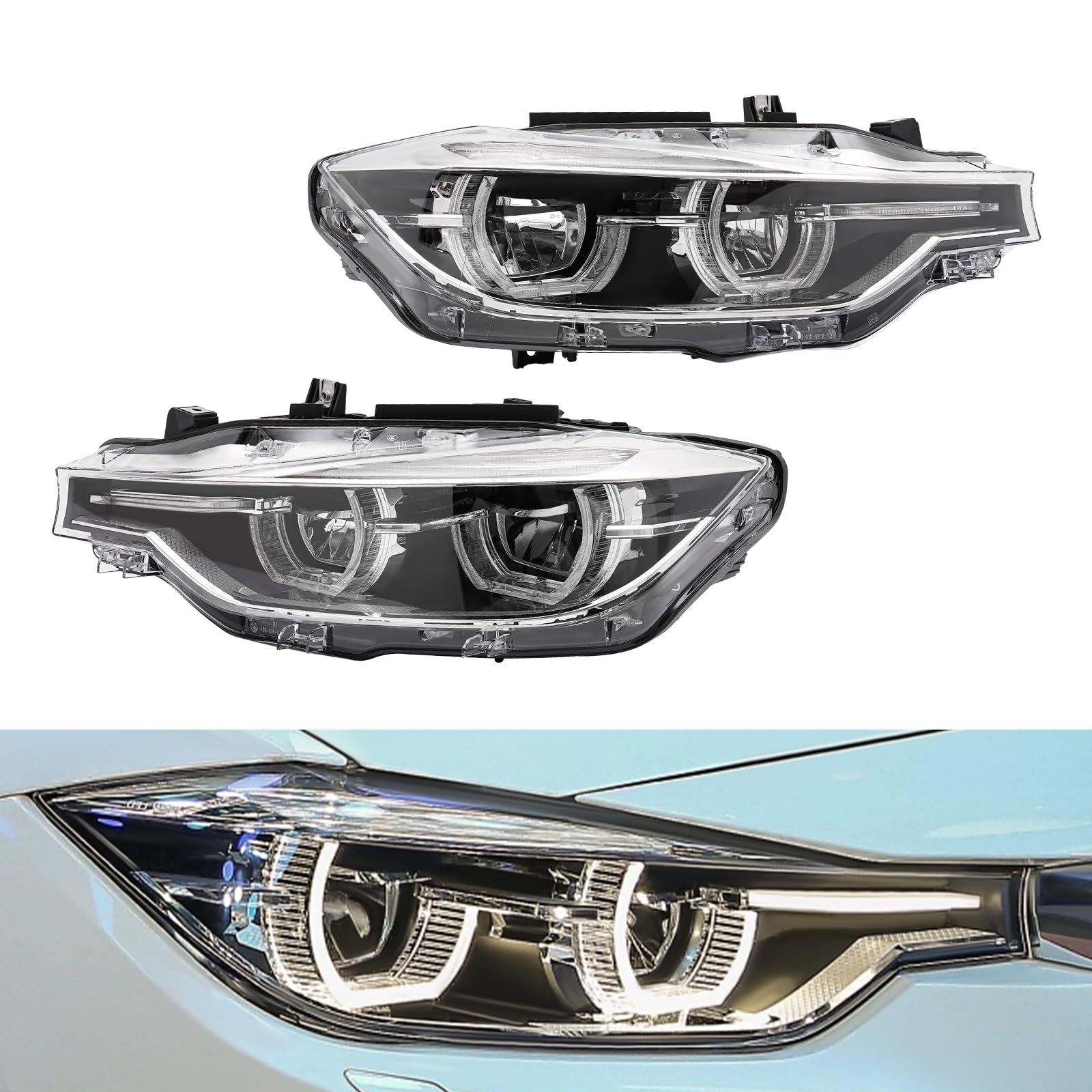 Gruppo fari a LED per BMW Serie 3 F30 F31 2016-2019 Senza AFS, fari Anteriori Lato conducente Sinistro e Lato passeggero Destro con luci diurne a LED e lampadine (Coppia)