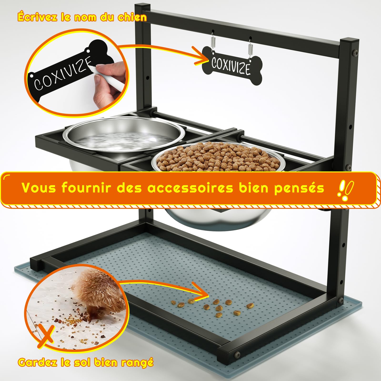 Gamelles surélevées pour chien avec 4 hauteurs réglables et inclinaison de 10 °, 2 gamelles en acier inoxydable (1,5 l x 2) et tapis anti-fuite, support de gamelle surélevé pour chiens de petite,