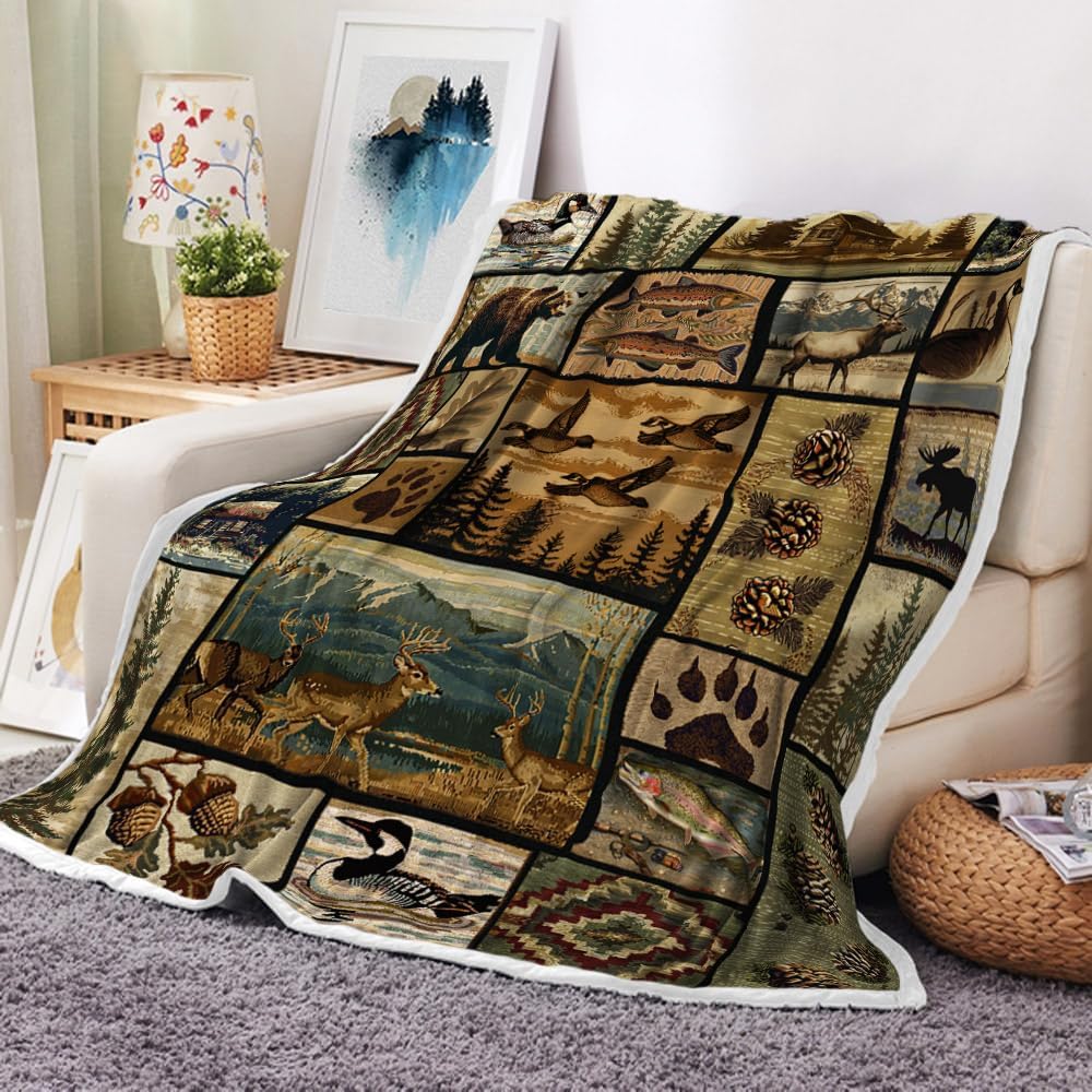 Rustic Lodge Throw Brown Blankets, Farmhouse Country Antique Bear Moose Forest Vintage Wood Decor Cozy Warm Bed Couch Blanket, Retro Wild Duck Leaves White Fleece Flannel Throws, 50X60 Inches. - Image 2