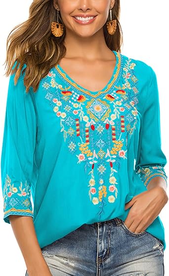 LauraKlein Womens Boho Embroidered Peasant Tops 3/4 Sleeve V Neck Mexican Bohemian Shirts Tunics Blouses