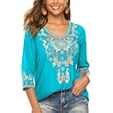 Women's Boho Embroidered Peasant Tops 3/4 Sleeve V Neck Mexican Bohemian Shirts Tunics Blouses