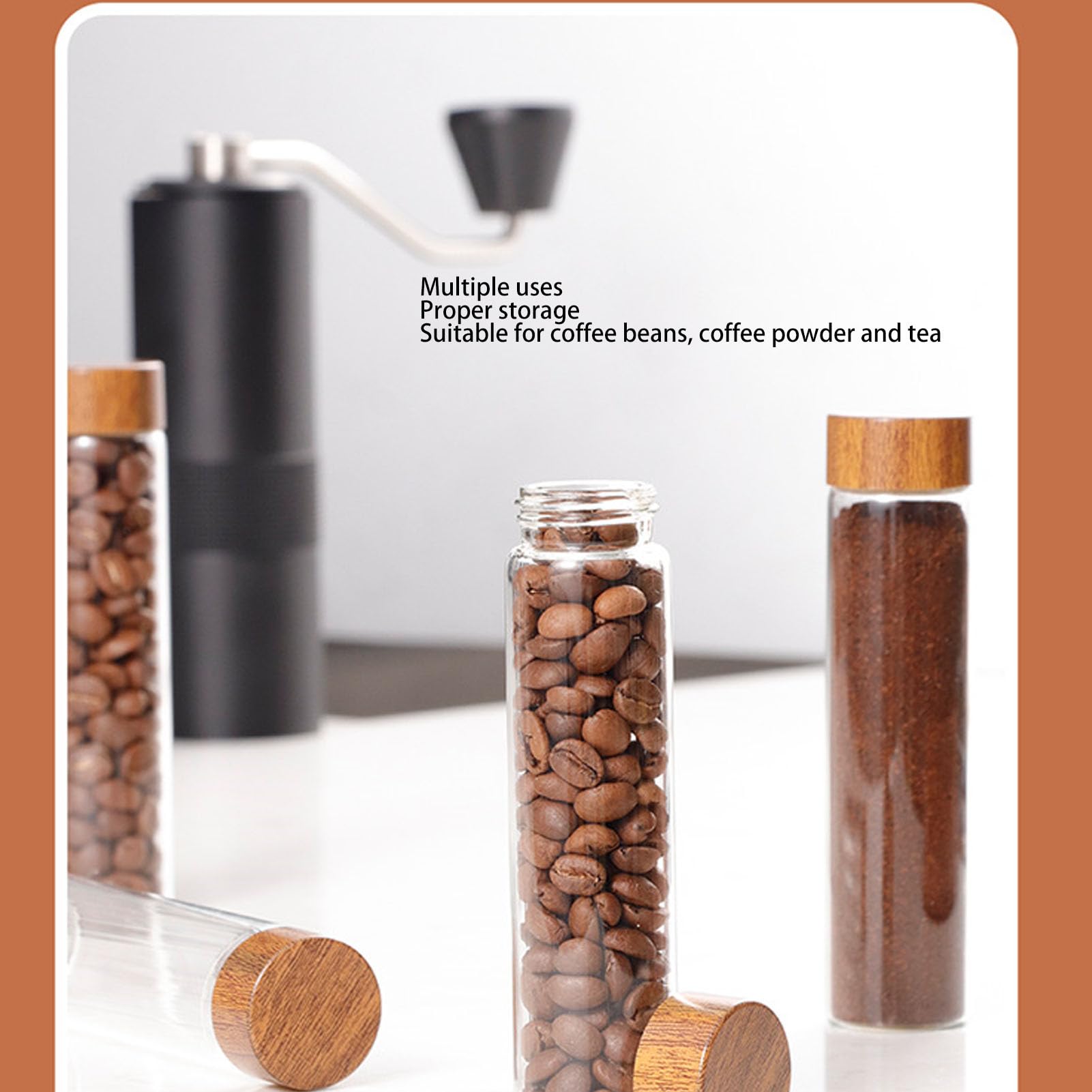 Fockety Einzeldosis -Kaffeebohnen -Lagerrohre, Kaffeebohnen -Lagerrohre mit Walnuss -Holzständer, Luftdichte 8pcs -Röhrchen Glas Dosierungsablöhre Kaffeebohnenkeller für Home Shop Bar