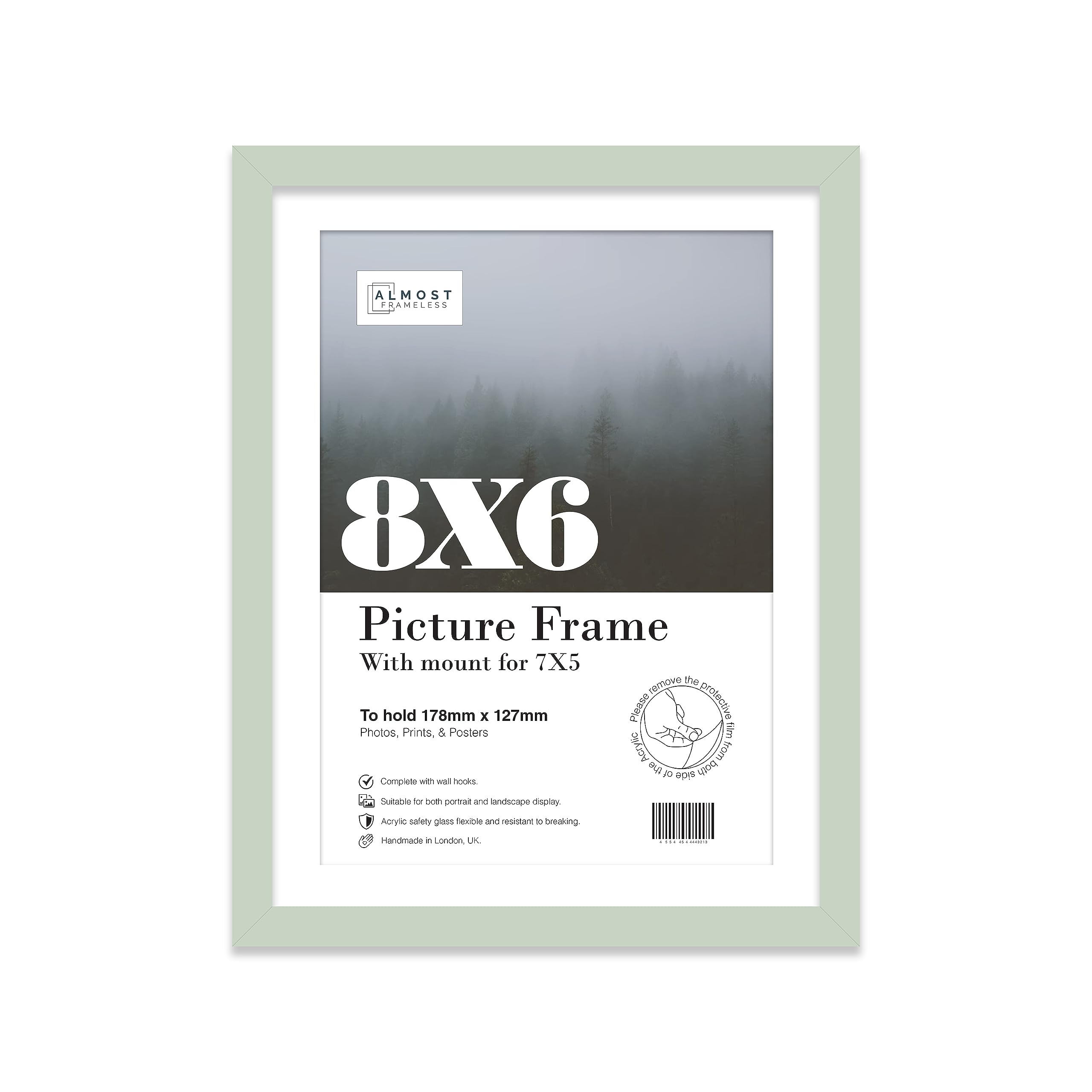 Almost Frameless 8x6 Mint Picture Frame With Mount for 7x5 Print, Poster or Photo Poster, Photo, Artwork, or Print. Thin Edge Slim Frame Portrait and Landscape Display with Wall Hooks