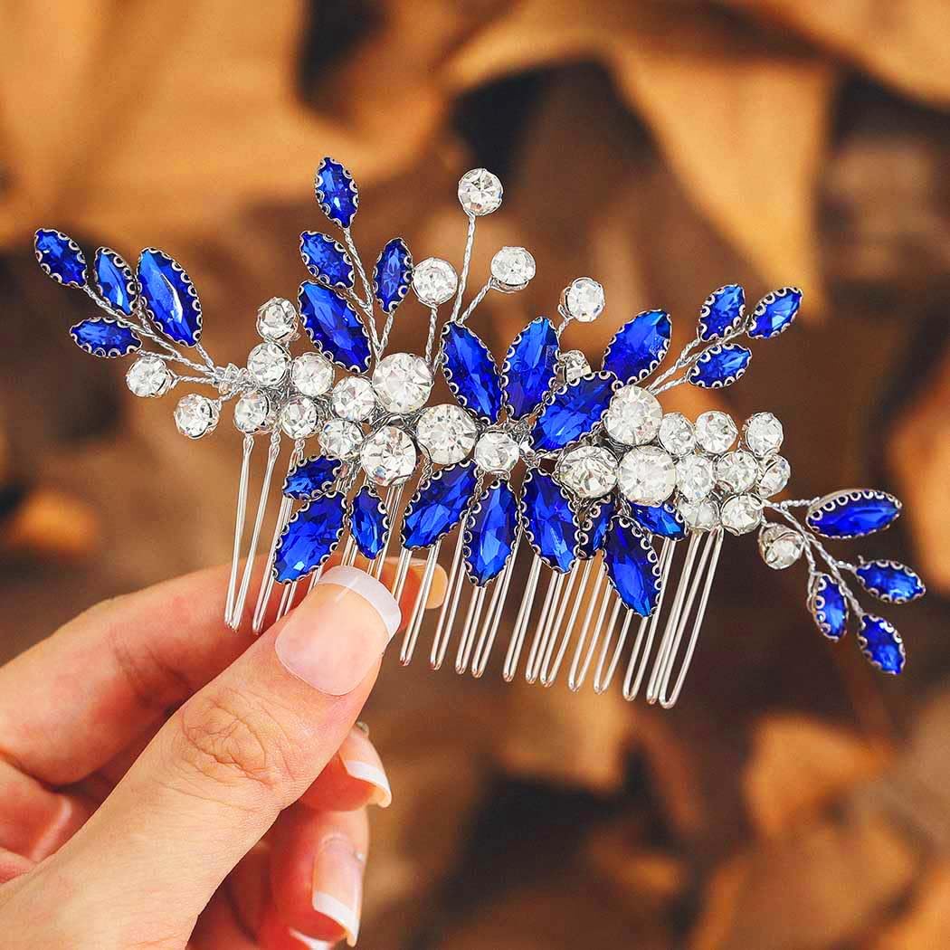 IYOU Peineta de Novia Pieza de Pelo de Flores Azul Accesorios para el Cabello Fiesta de Boda para la Novia y Damas de Honor
