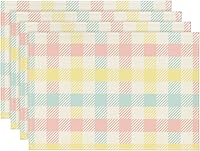 Artoid Mode Buffalo Plaid Placemats Set of 4, 12x18 Inch Blue Pink Yellow - Easter Party Table Mats, Durable Wrinkle-Proof Polyester
