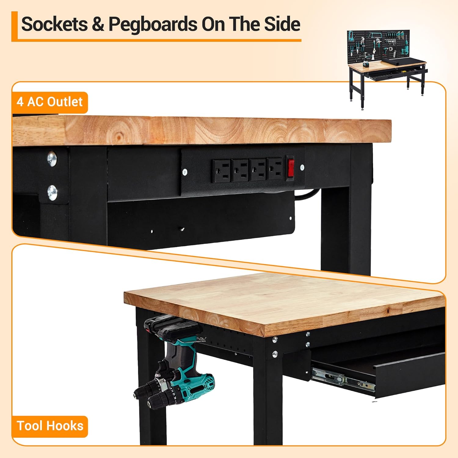 60 Inch Adjustable Work Table, 3000 Lbs Capacity Rubber Wood Tabletop Workbench, Heavy Duty Work Bench Table with 2 Drawers & Pegboard for Garage Woodworking Shop, with Power Outlet & Pegboard