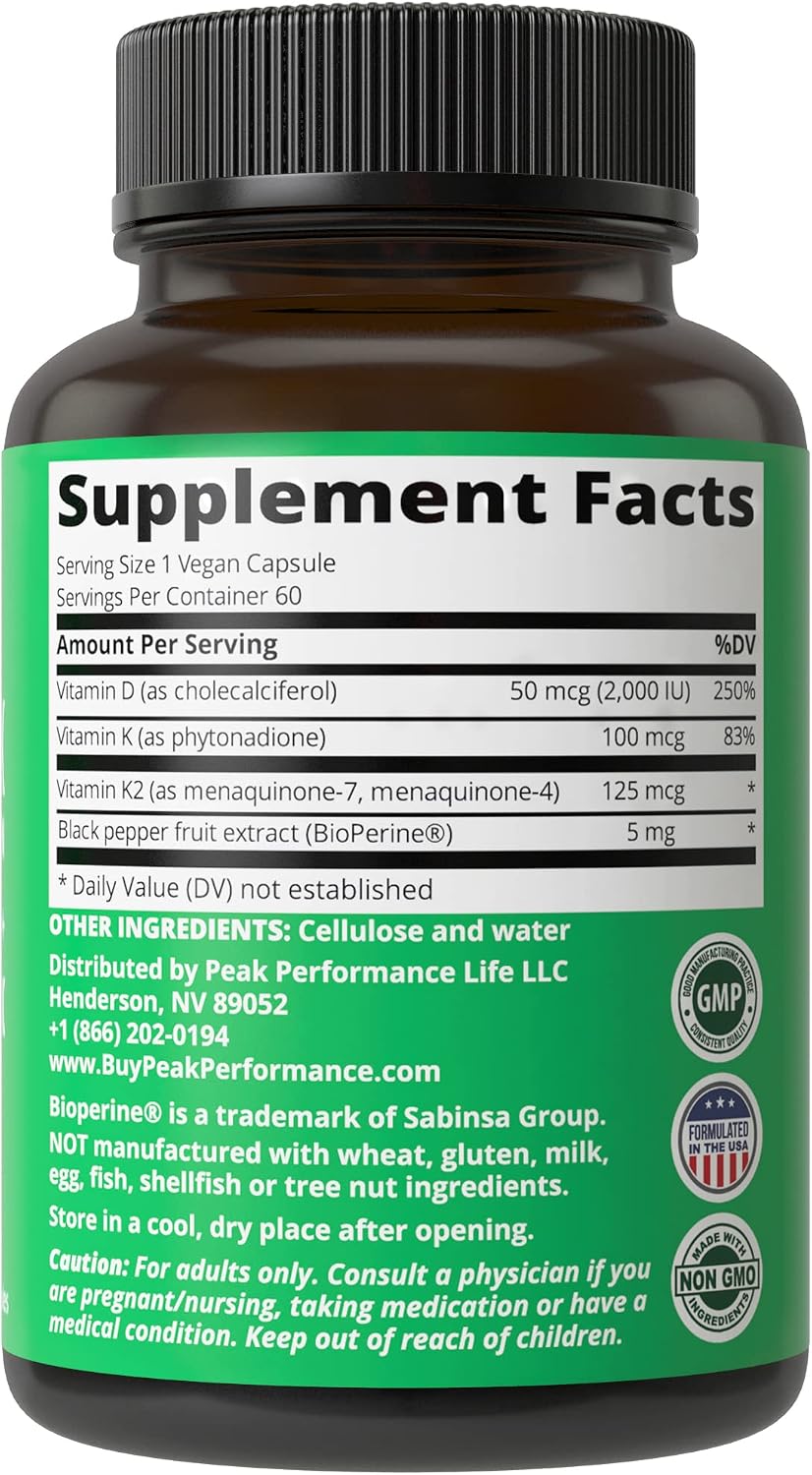 Peak Performance Advanced Vitamin D 2000 IU with All 3 Types of Vitamin K Vitamin D3 and Vitamin K2, K1, MK-7 (MK7), MK4 Supplements. 60 Small and Easy to Swallow Vegetable Pills (2000 IU)