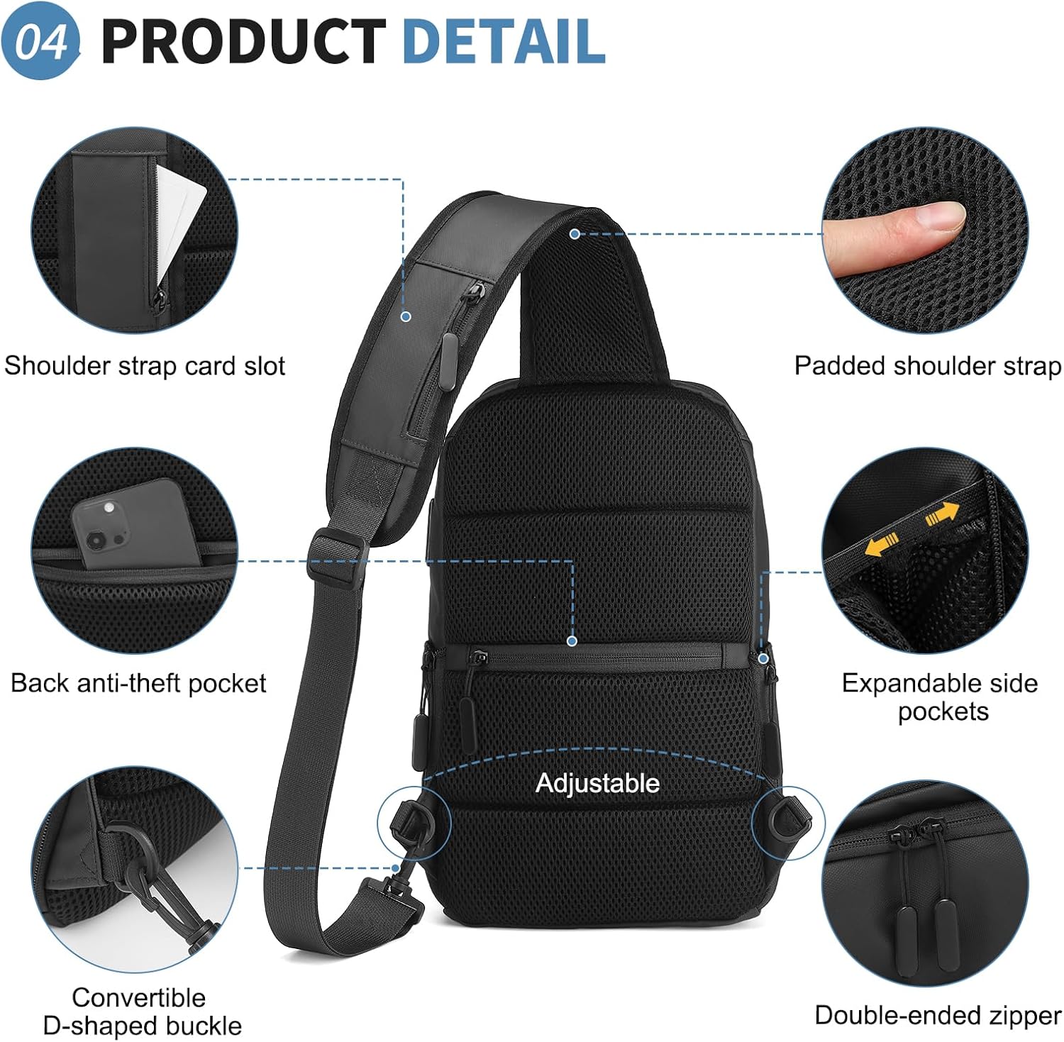Men's Sling Bag, Convertible Anti Theft Sling Backpack, 11" One Shoulder Crossbody Backpack with USB Charging Port for Working Travel Daily, Black - Image 5