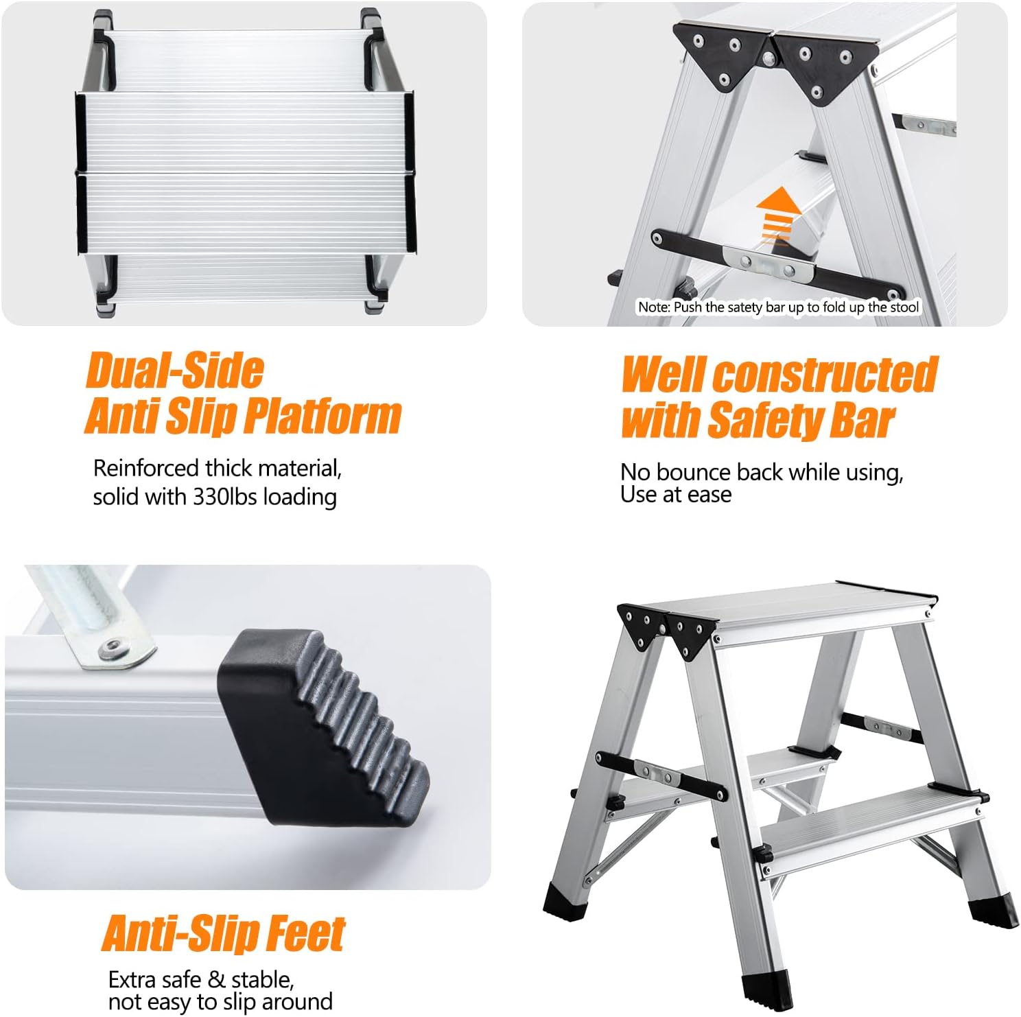 Two Step Ladder - Folding Small 2 Step Stool 330lbs with Non-Slip Feets, Aluminum Lightweight Metal Step Stool by CHEAGO, Portable Solid Handy Work Ladder for Home, Kitchen, RV, Garage