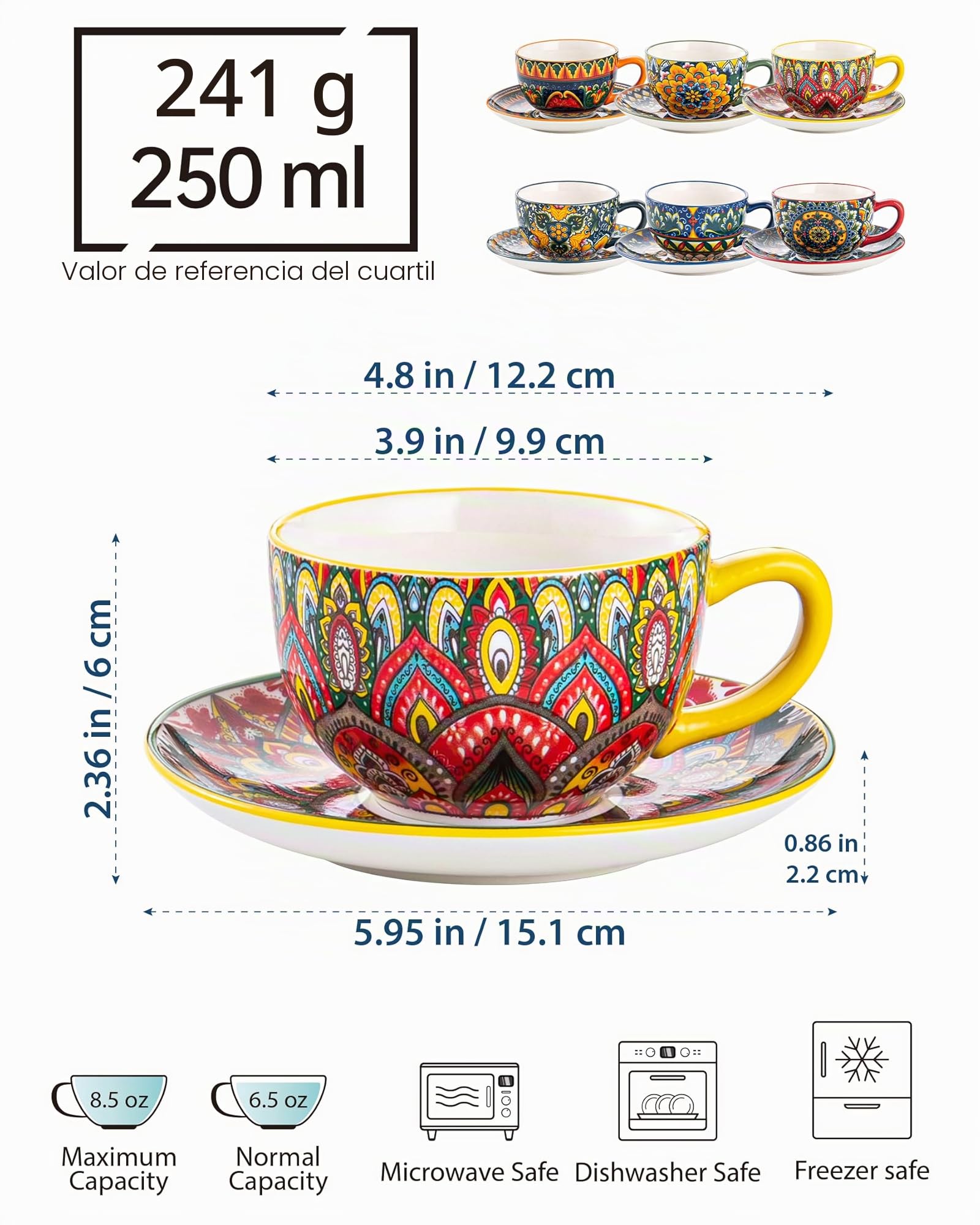 Juego de Café de Porcelana, Juego de 6 X 250 ml, Pintado a Mano, Juego para 6 Personas, incluye Tazas de Café y Platillos