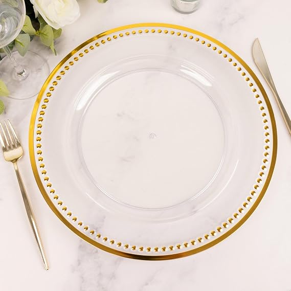 Tableclothsfactory 6 Pack 13 Beaded Gold Clear Acrylic Charger Plate, Plastic Round Dinner Charger Event Tabletop Decor