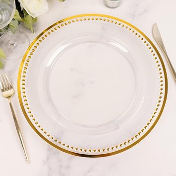 Tableclothsfactory 6 Pack 13 Beaded Gold Clear Acrylic Charger Plate, Plastic Round Dinner Charger Event Tabletop Decor