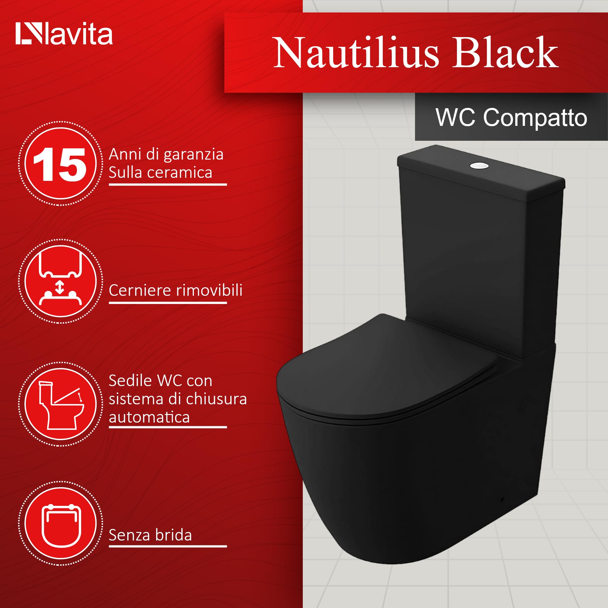 LAVITA WC monoblocco con cassetta di scarico integrata NAUTILIUS BLACK Coperchio WC con chiusura ammortizzata WC in ceramica senza brida Vaso WC Vaso WC verticale + raccordo WC
