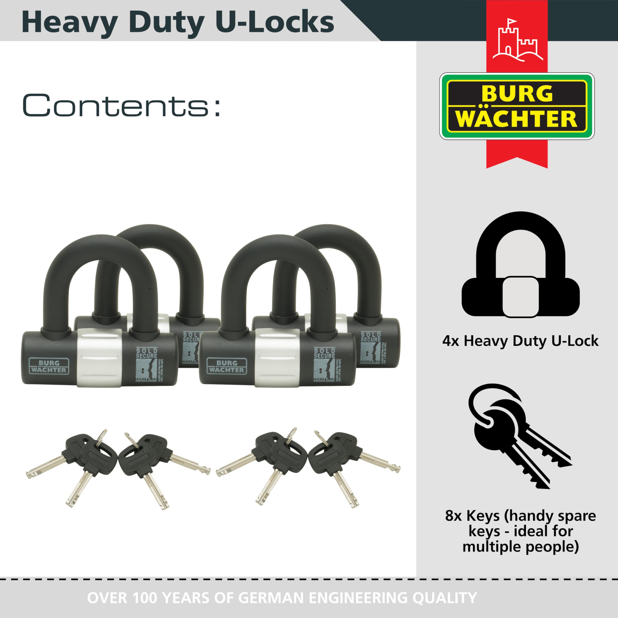 Burg Wächter 100D Quadra Sold Secure Gold Keyed Alike U Lock Quad Pack, Black, Quad Keyed Alike U Locks - Image 3