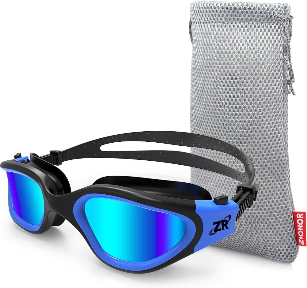 ZIONOR Swim Goggles, G1 Polarized Swimming Goggles UV Protection Leakproof Anti-fog Adjustable Strap for Adult Men Women (Polarized Lens Black Blue)